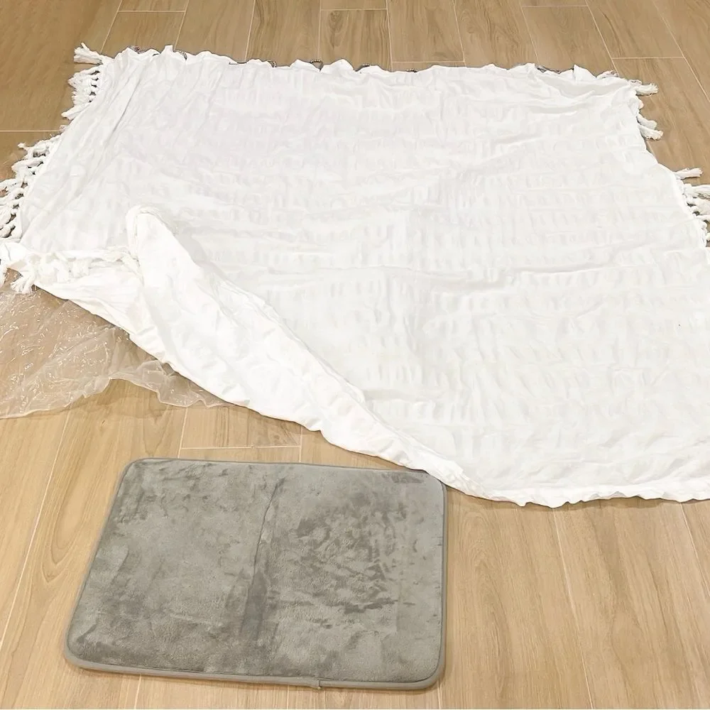White Shower Curtain, Plastic Liner, Hooks, Bath Mat